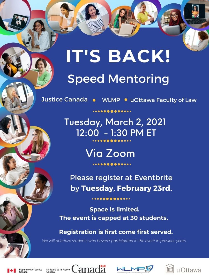 Event poster for Speed Mentoring - Justice Canada, Women's Legal Mentorship Program & uOttawa Faculty of Law 