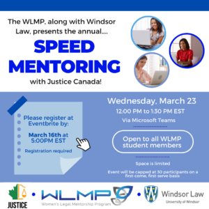 poster for WLMP Justice Canada Speed Mentoring Event