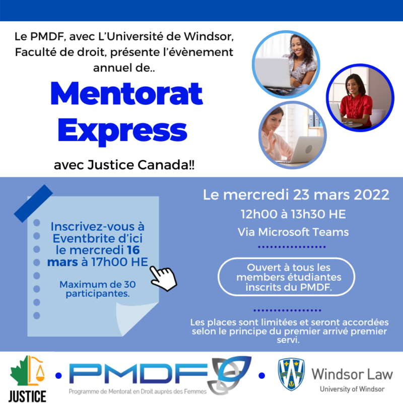 Poster for WLMP Justice Canada Speed Mentoring March 23rd Event in French