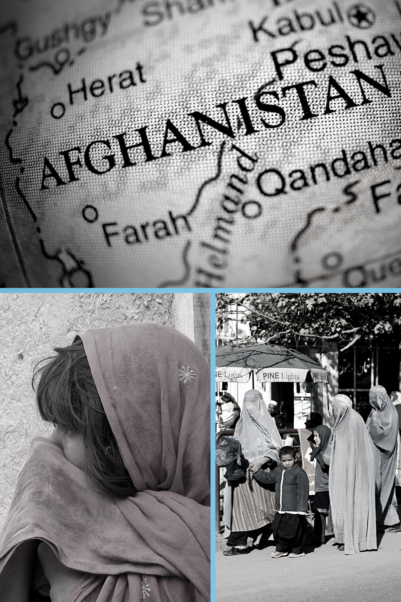 Collage photo of women and children in Afghanistan and map close up 